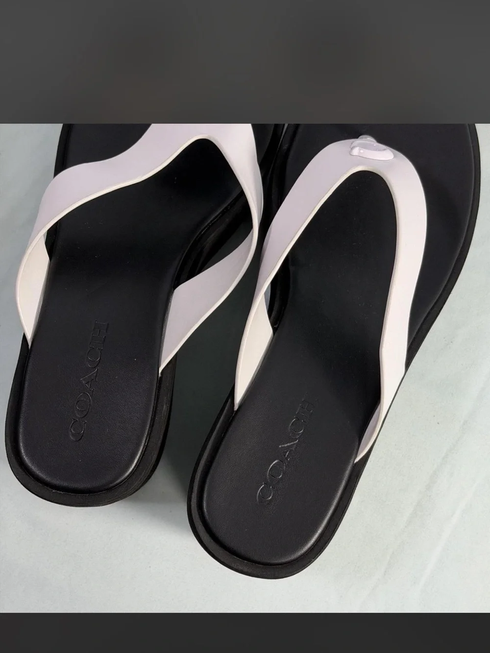 Coach Black Platform Thong Sandals with White Straps